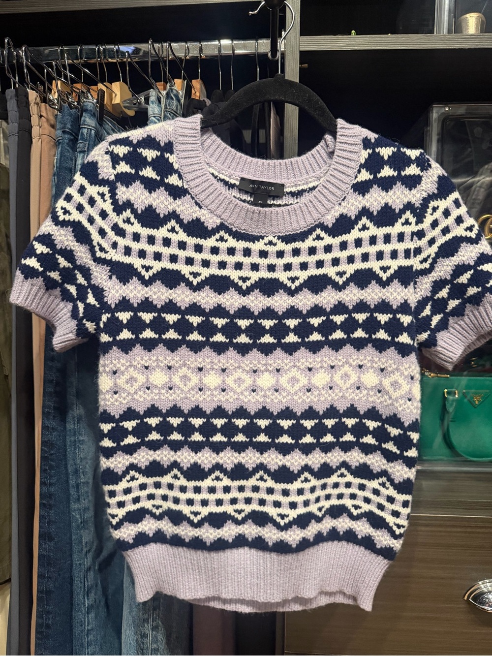 Ann Taylor Lavender, Navy & White Fair Isle Short-Sleeve Sweater